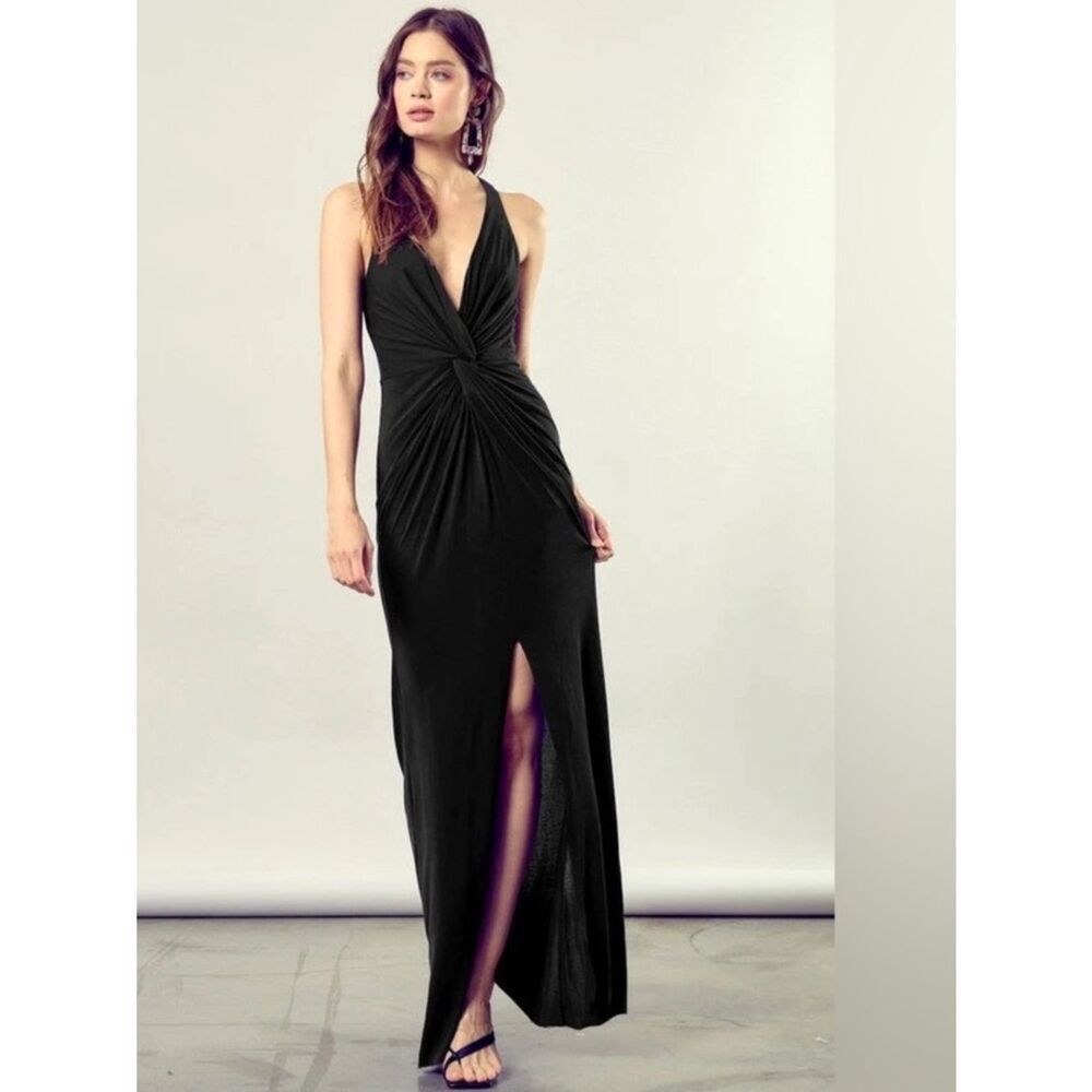NWT Mustard Seed Maxi Plunging Neckline Black Twist Knot High Slit Dress